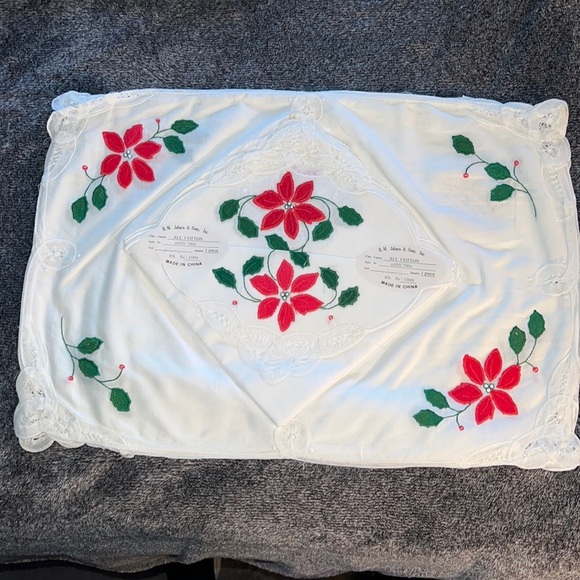 PLACEMAT & NAPKIN FOUR (4) PIECE SET POINSETTIA VINTAGE BATTENBURG LACE JABARA - Picture 2 of 9